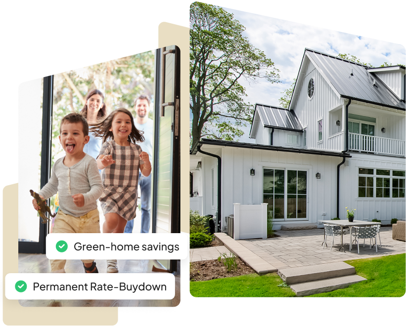 Happy family scene with kids running and couple walking into a modern house